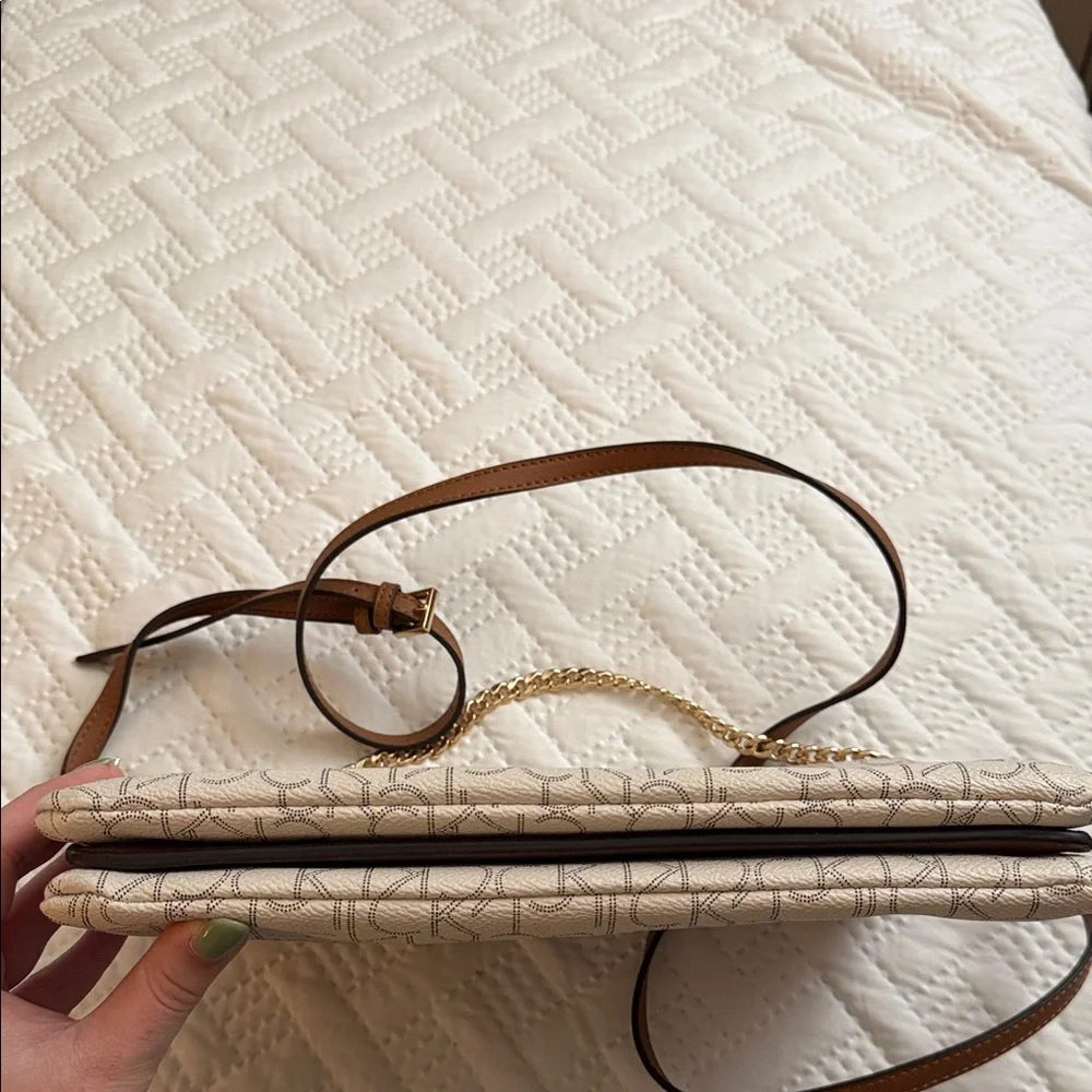 Calvin Klein Cream Monogram Chain Crossbody with Brown Strap